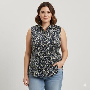 NEW CHARTER CLUB Sleeveless Slim Fit Button Down Blouse Navy/Yellow/White 18